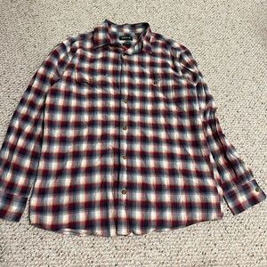 Orvis Red and Blue Plaid Casual Shirt crushed herringbone pattern